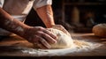 Beautiful and strong mens hands knead the dough make bread, pasta or pizza. Powdery flour flying into air. chef hands Royalty Free Stock Photo