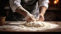 Beautiful and strong mens hands knead the dough make bread, pasta or pizza. Powdery flour flying into air. chef hands Royalty Free Stock Photo