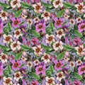 Beautiful strophanthus flowers on climbing twigs on lilac background. Seamless floral pattern. Watercolor painting. Hand painted