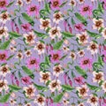 Beautiful strophanthus flowers on climbing twigs on purple background. Seamless floral pattern. Watercolor painting. Hand painted