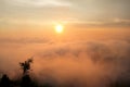 Beautiful structure of clouds on sky, mountain landscape with dense fog at sunset on horizon of beauty natural environment. Royalty Free Stock Photo