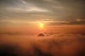 Beautiful structure of clouds on sky, mountain landscape with dense fog at sunset on horizon of beauty natural environment.