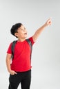 Beautiful student kid boy wearing backpack holding book over isolated white background very happy pointing with hand and finger to Royalty Free Stock Photo