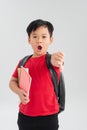 Beautiful student kid boy wearing backpack holding books over isolated white background with angry face, negative sign showing Royalty Free Stock Photo