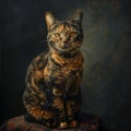 Beautiful studio photo of a sitting tortoiseshell cat. Noble cat perched on a chair