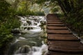 The beautiful and stunning Plitvice Lake National Park, Croatia, close up shot of a waterfall with broad walk on right hand side