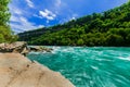 Beautiful stunning view of Niagara Falls escarpment rushing river and forest on sunny summer day Royalty Free Stock Photo