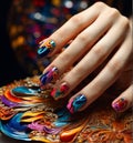 Beautiful style colourful nail art manicure on female hands