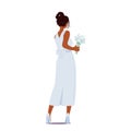 Beautiful Stylish Bride in Elegant Dress and Hairstyle Holding Bouquet Rear View. Fashioned Female Ready for Wedding