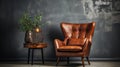 A beautiful and stylish brown leather armchair in fron. Generative AI. Royalty Free Stock Photo
