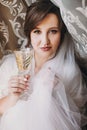 Beautiful stylish brunette bride posing in silk robe under veil with champagne glass in the morning. Happy woman model with Royalty Free Stock Photo