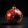 Beautiful stylish Christmas decoration, red balls with golden ornaments over dark background. Concept of merry holidays Royalty Free Stock Photo