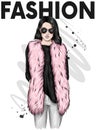 Beautiful stylish girl in a fur coat, trousers and glasses. Fashionable clothes and accessories. Fashion & Style.