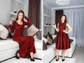Beautiful stylish girl with long hair in luxury interior posing in stunning evening dress with glass of red wine in her hand. Read Royalty Free Stock Photo