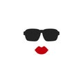 Beautiful stylish lady icon. Red silhouette of woman`s head in hipster sun glasses with red lips