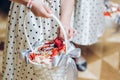 Beautiful stylish little girl in dress holding basket with petal Royalty Free Stock Photo