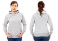 Beautiful stylish middle-age woman in hoodie front and back view, white woman in sweatshirt mockup isolated on white background Royalty Free Stock Photo
