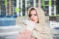 Beautiful and stylish Russian girl model in winter on the street of Moscow Royalty Free Stock Photo