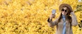 beautiful stylish smiling woman with long hair walking in autumn park dressed in warm beige coat, use mobile phone Royalty Free Stock Photo