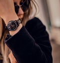 Beautiful stylish watch on woman hand