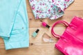beautiful stylish women`s clothing and accessories set top view Royalty Free Stock Photo