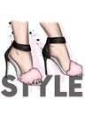 Beautiful stylish women`s shoes with fluffy fur. Trendy sandals with high heels. Fashion and style, clothing and accessories.