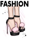 Beautiful stylish women`s shoes with fluffy fur. Trendy sandals with high heels. Fashion and style, clothing and accessories.