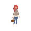 Beautiful stylish young woman with bag, fashionably dressed girl vector Illustration on a white background