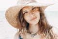 Beautiful stylish young woman portrait with hat shadow on face Royalty Free Stock Photo