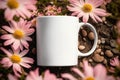 White Coffee Mug Mockup 11oz, Garden Pink Flowers Royalty Free Stock Photo