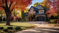 Beautiful Suburban Home residential neighborhood Autumn Season Day Blue Sky. Royalty Free Stock Photo