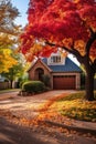 Beautiful Suburban Home residential neighborhood Autumn Season Day Blue Sky. Royalty Free Stock Photo