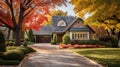 Beautiful Suburban Home residential neighborhood Autumn Season Day Blue Sky Royalty Free Stock Photo