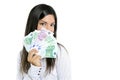 Beautiful success businesswoman holding Euro notes