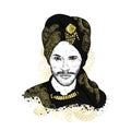 Beautiful sultan in a turban with patterns. Vector illustration. Oriental man. Fashion & Style.