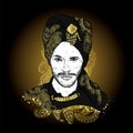 Beautiful sultan in a turban with patterns. Vector illustration. Oriental man. Fashion & Style.