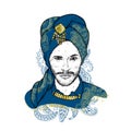 Beautiful sultan in a turban with patterns. Vector illustration. Oriental man. Fashion & Style.