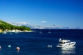 Beautiful Summer Adriatic Sea coastline view with mountains and yacht, island Brac, Croatia