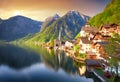 Beautiful summer Alpine Hallstatt Town and lake Hallstatter See view Austria