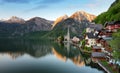 Beautiful summer Alpine Hallstatt Town and lake Hallstatter See view Austria