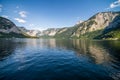 July, 2019 - Hallstatt, Austria. Beautiful summer Alpine Hallstatt Town and mountain lake Hallstatter See view. Beautiful natural