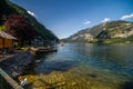 July, 2019 - Hallstatt, Austria. Beautiful summer Alpine Hallstatt Town and mountain lake Hallstatter See view. Beautiful natural