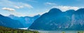 Beautiful summer Alpine lake Hallstatter See panorama view (Austria