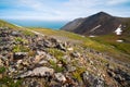 Beautiful summer arctic landscape. View from the hillside to the valley, mountains and sea