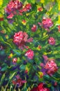 Summer bush of peonies. Violet flowers of peonies close-up. Fragment of oil painting.