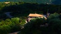 Beautiful summer classical Greek villa house cottage terrace for guests and tourists in amazing olive trees garden on Zakynthos is Royalty Free Stock Photo