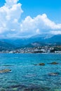 Beautiful summer cloud landscape of beach town of Himare. Adriatic sea. Albania. Concept of summer holidays and relaxation Royalty Free Stock Photo