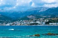 Beautiful summer cloud landscape of beach town of Himare. Adriatic sea. Albania. Concept of summer holidays and relaxation Royalty Free Stock Photo