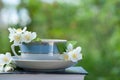 Beautiful summer composition of a cup of tea, book and Jasmine flowers on a natural green background, a concept of good morning, Royalty Free Stock Photo