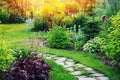 beautiful summer cottage garden view with stone pathway Royalty Free Stock Photo